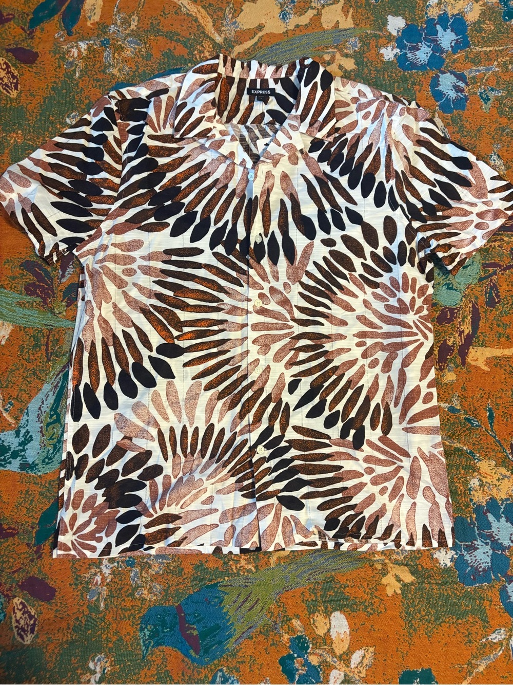 Express Short-Sleeve Button-Down Shirt in Cream, Brown & Black